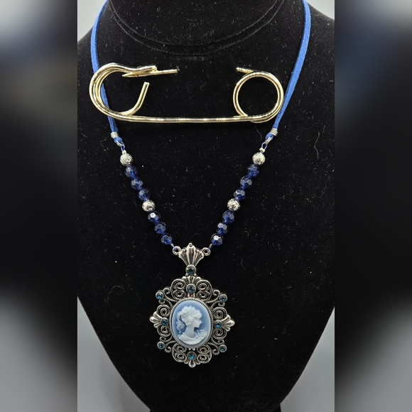Lia Sophia Jewelry - lia sophia Cameo Necklace Blue Resin Silver Tone Leather Cord 15" + 3" Extender